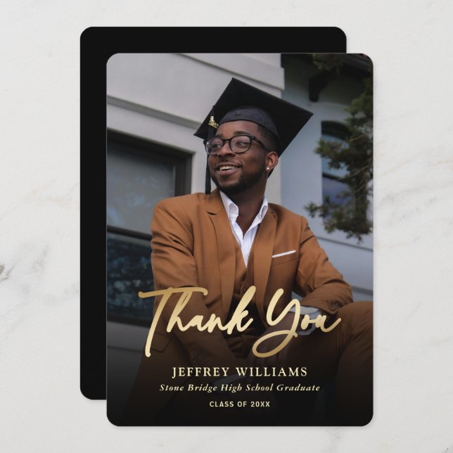 Cartão De Agradecimento Graduação de Foto Dourada Preta de Script Moderno  (Frente/Verso)
