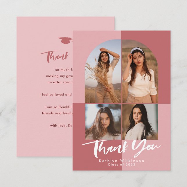Cartão De Agradecimento Graduação de Foto Elegante de Arco Rosa 4 Rosa (Frente/Verso)