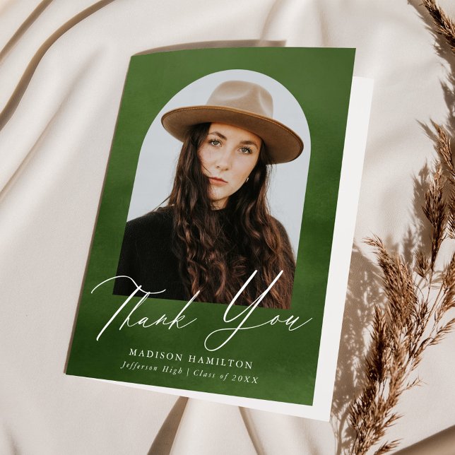 Cartão De Agradecimento Graduação de Foto em Arco de Aquarela Verde-Olival (Criador carregado)
