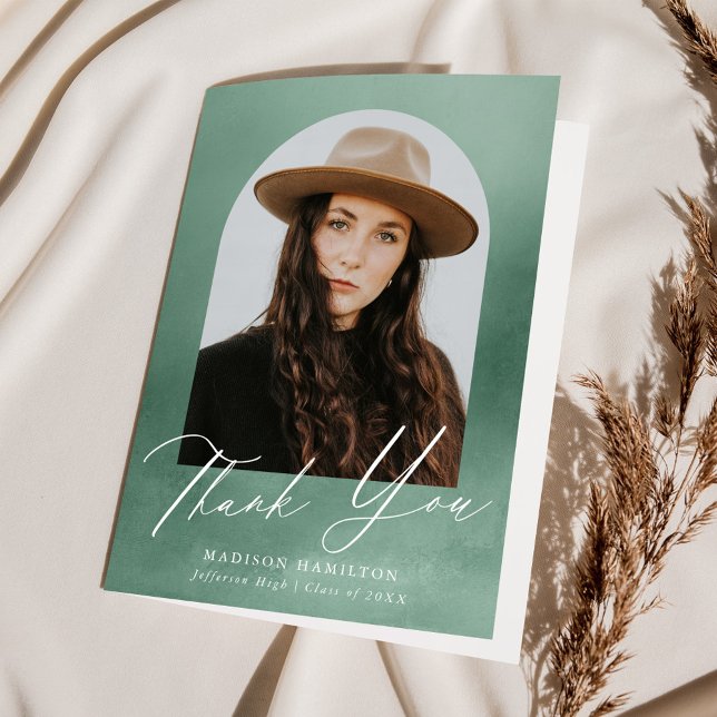 Cartão De Agradecimento Graduação de Foto em Arco de Aquarela Verde Sage (Criador carregado)