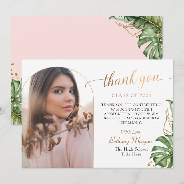 Cartão De Agradecimento Graduação de Foto em Arco Dourado Rosa Verde Tropi (Frente/Verso)