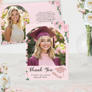 Cartão De Agradecimento Graduação de Foto em Arco Rosa Floral Elegante