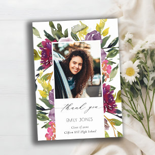 Cartão De Agradecimento Graduação de Foto Floral Amarelo-Cor-de-Rosa Chic 