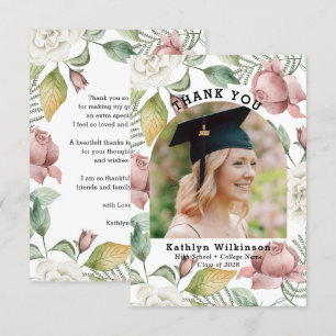 Cartão De Agradecimento Graduação de Foto Floral Elegante Rosa Obrigado