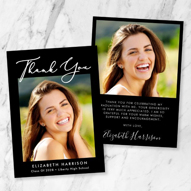 Cartão De Agradecimento Graduação de Foto Preta de Script Elegante (Criador carregado)