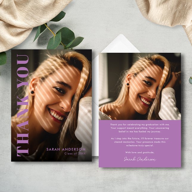 Cartão De Agradecimento Graduação de Foto Roxo de Lavanda Moderna (Criador carregado)
