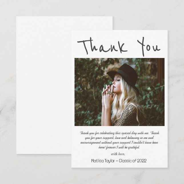 Cartão De Agradecimento Graduação de Foto Simples de Escrita Manual Preta (Frente/Verso)
