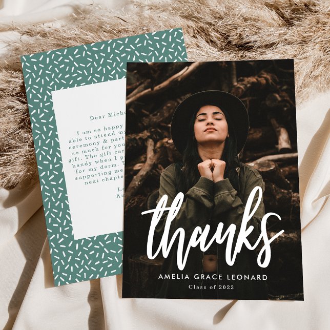 Cartão De Agradecimento Graduação de Foto Verde Teal em Script Moderno (Criador carregado)