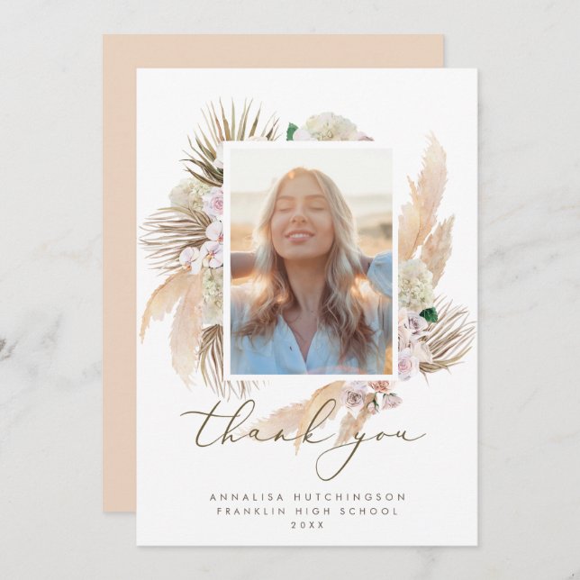 Cartão De Agradecimento Graduação de Foto Watercolor Boho Obrigado (Frente/Verso)