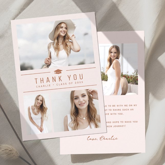 Cartão De Agradecimento Graduação de Fotografia Simples Blush Modern 4 (Blush Modern Simple Typography 4 Photo Graduation Thank You Card)