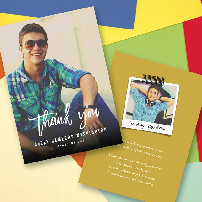 Cartão De Agradecimento Graduação de Fotos com Script de Pincel Branco (White Brush Script Calligraphy Photo Modern Graduation Thank You Card @ zazzle.com/color_therapy)