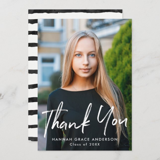 Cartão De Agradecimento Graduação de Fotos com Script de Pincel Moderno (Frente/Verso)