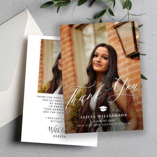 Cartão De Agradecimento Graduação de fotos do formando 2 de script moderno (Criador carregado)