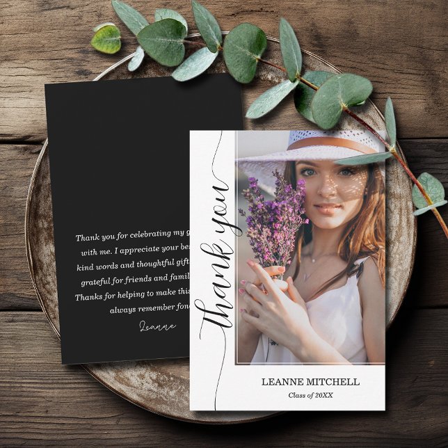 Cartão De Agradecimento Graduação de Fotos do Script de Tendy (3.5" x 5" trendy script photo graduation flat thank you cards with your message on the back)