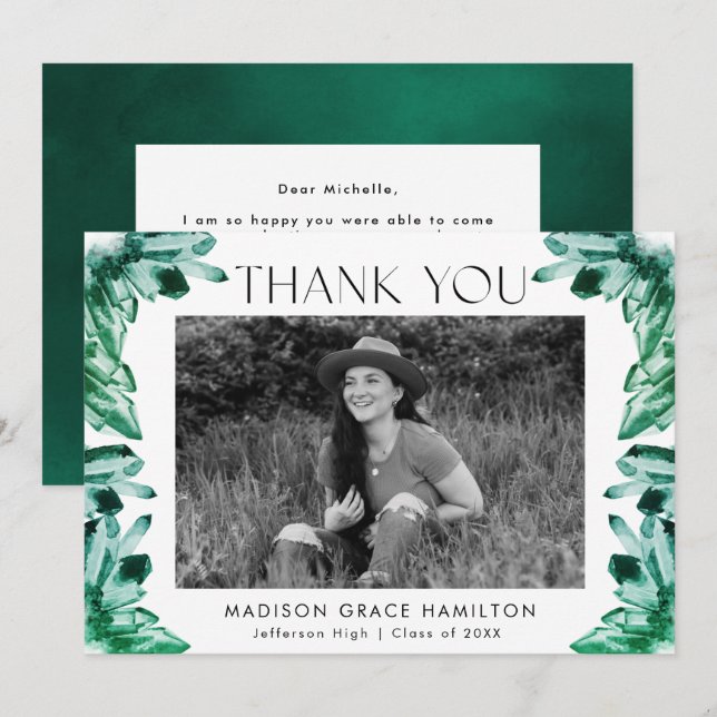 Cartão De Agradecimento Graduação de Fotos por Cristais de Aquarela Verde  (Frente/Verso)