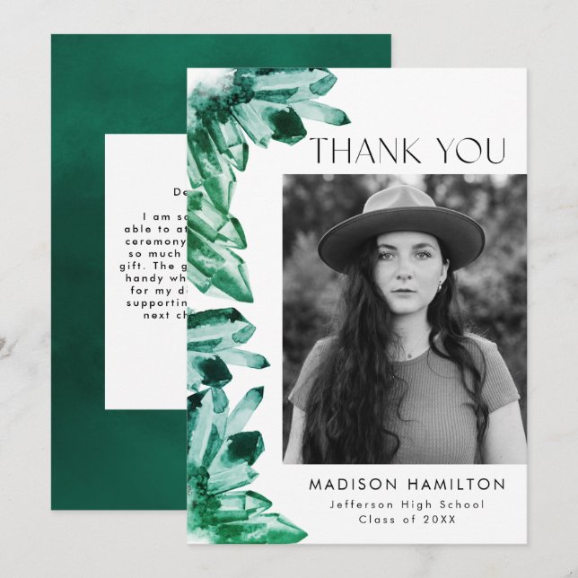Cartão De Agradecimento Graduação de Fotos por Cristais de Aquarela Verde  (Frente/Verso)