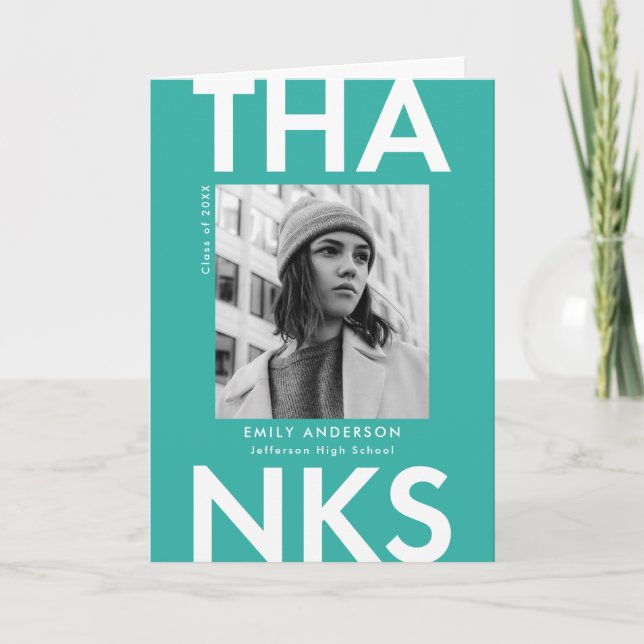 Cartão De Agradecimento Graduação de Fotos Turquoise de Formando Negrito (Frente)
