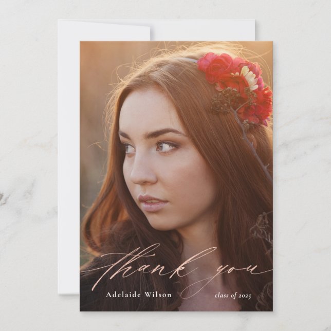 Cartão De Agradecimento Graduação de Script Dourado rosa Obrigado com Foto (Frente)