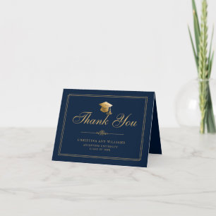 Cartão De Agradecimento Graduação do Boné de Script Dourado Azul Elegante 