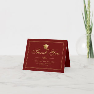 Cartão De Agradecimento Graduação do Boné de Script Dourado Maroon Elegant