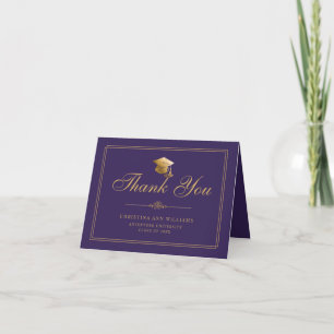 Cartão De Agradecimento Graduação do Boné de Script Dourado Roxo Elegante