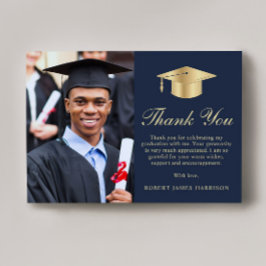 Cartão De Agradecimento Graduação Dourada Azul de Foto de Script Elegante