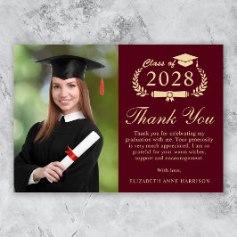 Cartão De Agradecimento Graduação Dourada Burgundy Foto Script Elegante