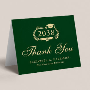 Cartão De Agradecimento Graduação Dourada Verde de Script Elegante