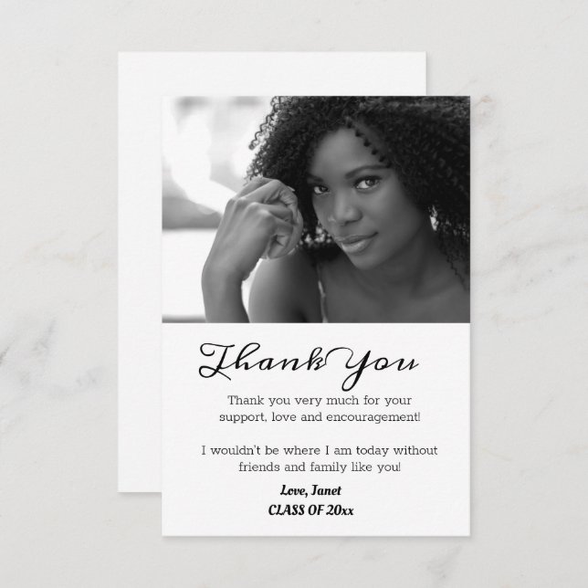 Cartão De Agradecimento Graduação em Preto e Branco Obrigado por Formando  (Frente/Verso)