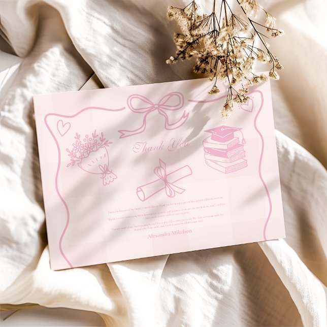 Cartão De Agradecimento Graduação em Xadrez rosa ilustrada desenhada à mão (Criador carregado)