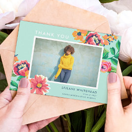 Cartão De Agradecimento Graduação - Foto Azul Aqua Floral