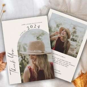 Cartão De Agradecimento Graduação mínima moderna de duas fotos no bege