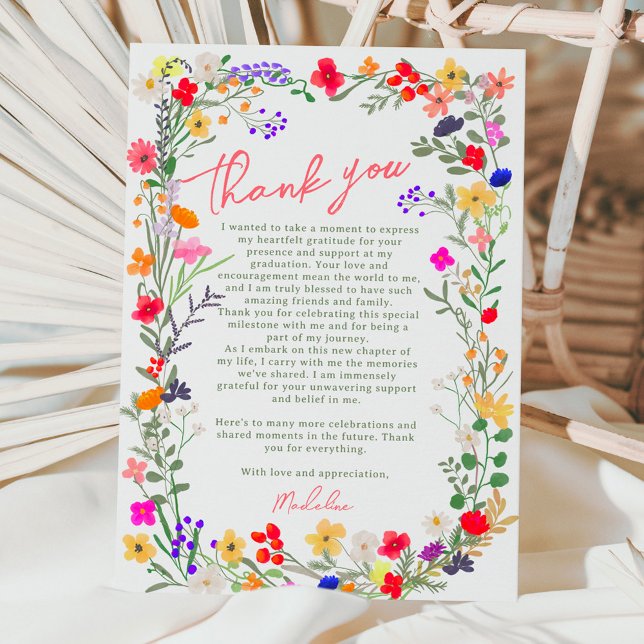 Cartão De Agradecimento Graduação moderna de flores silvestres brilhantes  (Modern chic boho bright wild flowers graduation thank you card)