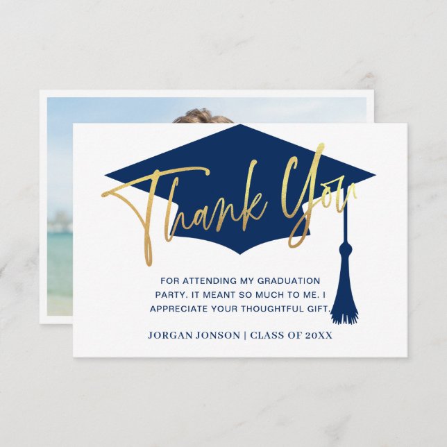 Cartão De Agradecimento Graduação moderna de Marinho de FOTO Simples (Frente/Verso)