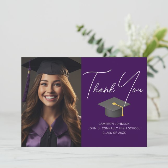 Cartão De Agradecimento Graduação Personalizada de Foto do Formando Roxo E (Em pé/Frente)