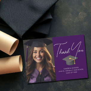 Cartão De Agradecimento Graduação Personalizada de Foto do Formando Roxo E