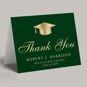 Cartão De Agradecimento Graduação Verde do Boné de Formando Dourado Elegan