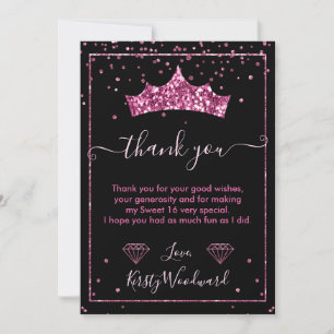 Cartão De Agradecimento Gralha de Diamante Rosa Tiara Sweet 16