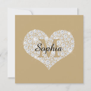 Cartão De Agradecimento Grande Coração Diamante, Monograma Dourado, Nome d