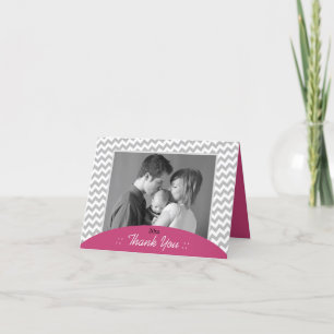 Cartão De Agradecimento Gray Chevron and Fuchsia Photo Thank You Cards