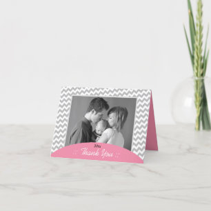 Cartão De Agradecimento Gray Chevron and Pink Photo Thank You Cards