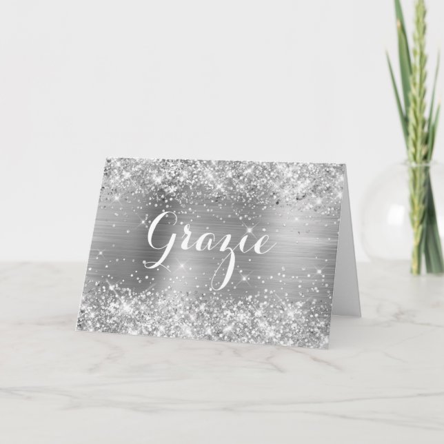 Cartão De Agradecimento Grazie Glittery Silver Foil Classic Script (Frente)