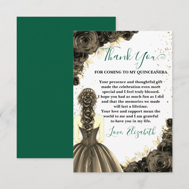 Cartão De Agradecimento Green & Black Quinceañera Custom Thank You Card (Frente/Verso)