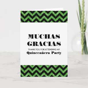 Cartão De Agradecimento Green Chevron Glitter Quinceañera Obrigado