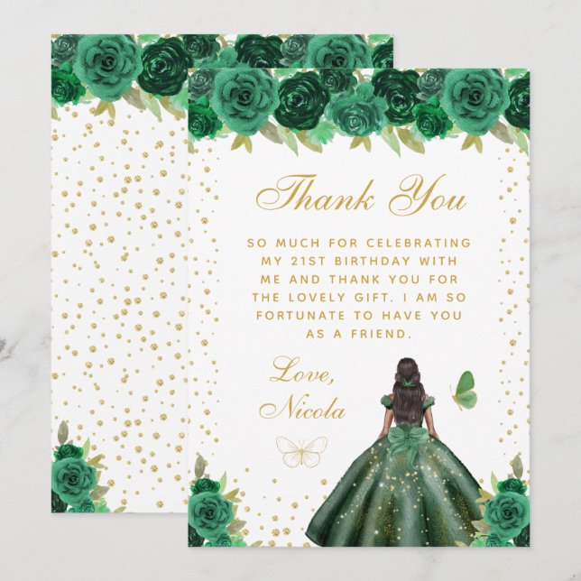 Cartão De Agradecimento Green Floral Dark Skin Princess Birthday Party (Frente/Verso)