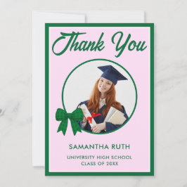 Cartão De Agradecimento Green Gingham Bow Photo Graduation