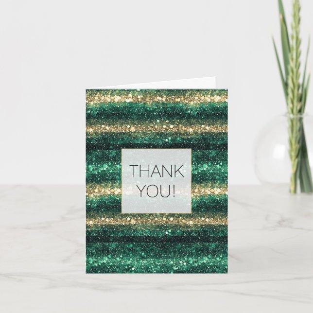 Cartão De Agradecimento Green Glitter Glam Gold Stripes Thank you (Frente)