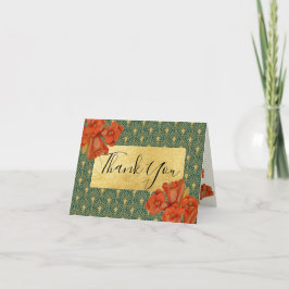 Cartão De Agradecimento Green & Gold Red Floral Art Deco Thank You Cards
