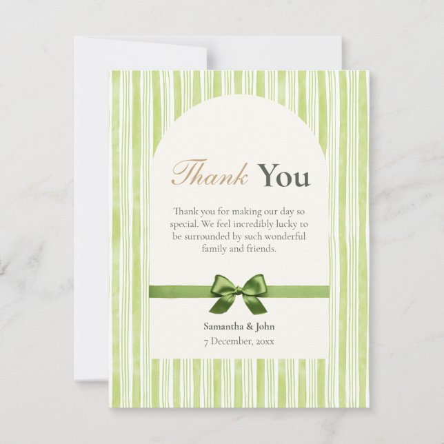 Cartão De Agradecimento Green Stripe Modern Photo Wedding (Frente)