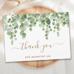 Cartão De Agradecimento Greenery Eucalyptus Dourado Script Wedding Oficien<br><div class="desc">Obrigado por se casar conosco! Mostre seu apreço ao seu oficial de casamento com o eucalipto verde moderno, mas rústico, cartas de agradecimento elegantes. Este casamento rústico, mas elegante, obrigado cartas que apresentam folhas de cor aquática eucalipto verde, delicada guião dourada em branco. Personalize este casamento. Obrigado, cartas com sua...</div>